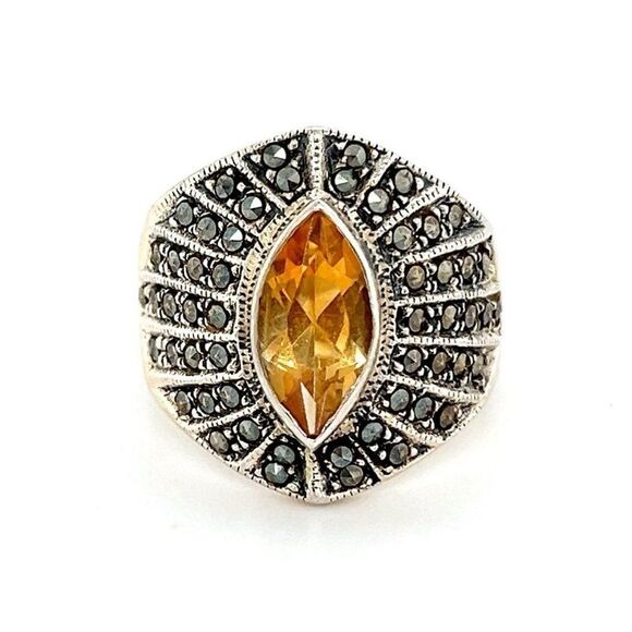 Large Citrine & Marcasite Sterling Silver 925 Ring - Picture 1 of 11